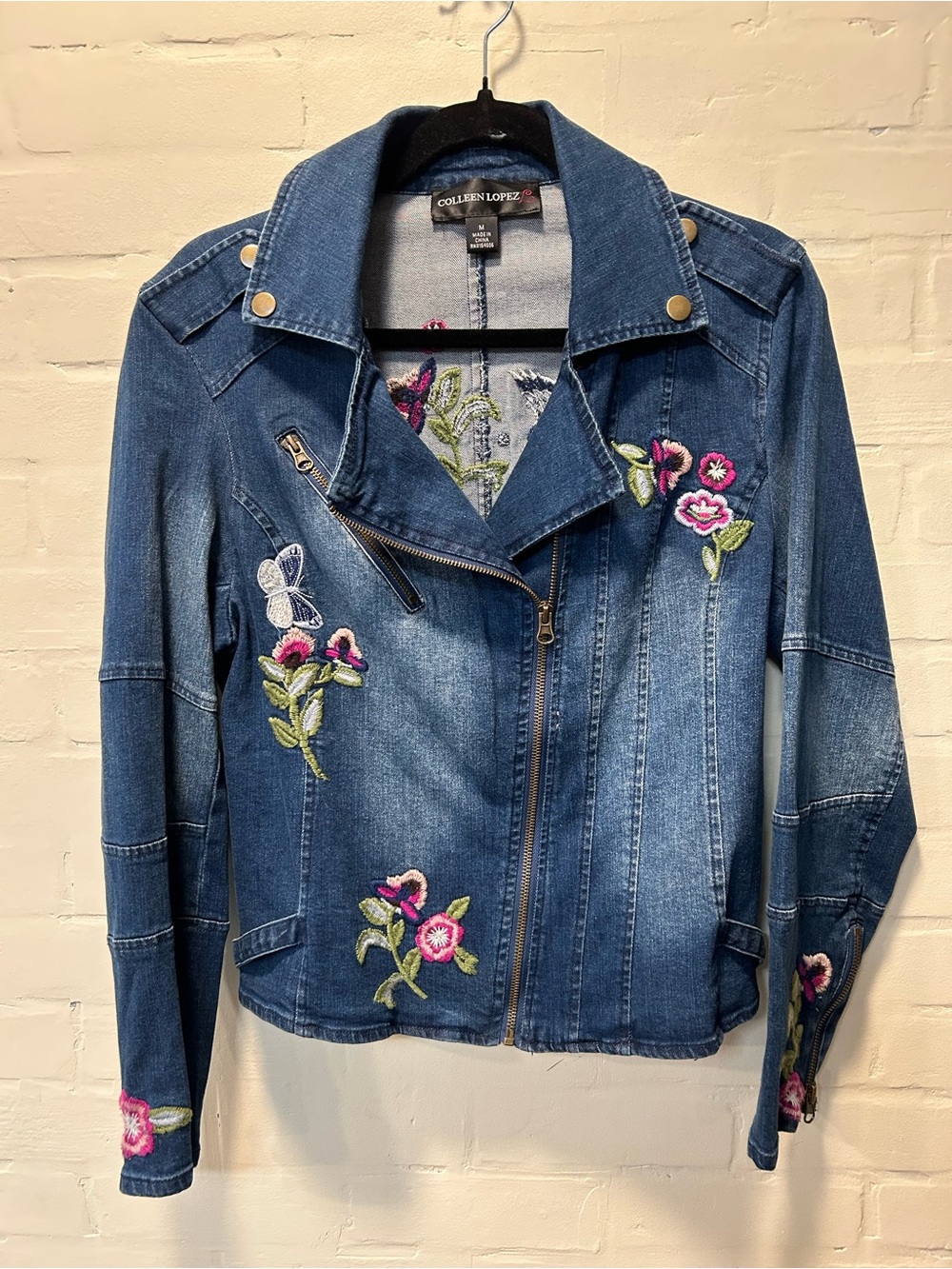 Colleen Lopez Embroidered Floral Denim Moto Jacket Butterfly Zip Size M